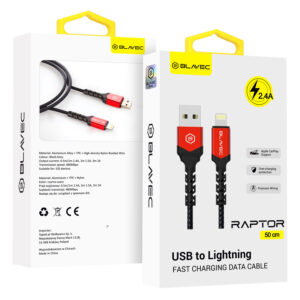 Blavec Kabelis Raptor braided - USB į Lightning - 2,4A 0,5 m Apple CarPlay (CRA-UL24BR05) juodos spalvos-red