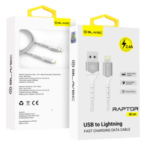 Blavec Kabelis Raptor braided - USB į Lightning - 2,4A 0,5 m Apple CarPlay (CRA-UL24WS05) baltos spalvos-silver