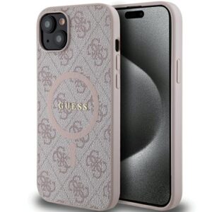 Original dėklas GUESS harddėklas 4G Collection Leather Metal Logo MagSafe GUHMP15SG4GFRP skirtas Apple iPhone 15/14/13 rožinės spalvos - Image 1