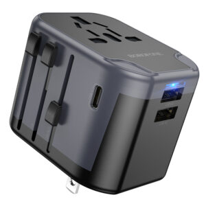 Borofone Travel charger adapter BAC12 - 2xUSB + Typ C - USA, UK, EU, AU juodos spalvos - Image 1