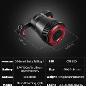 Rockbros Q5 Rear Bike Light with Intelligent Stop System - juodos spalvos - Image 9