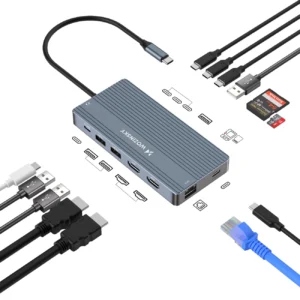 USB-C Hub 14 in 1 Wozinsky WDS03Y5S Multifunctional, Aluminum, for 3 Monitors, with 15 cm Cable - Gray - Image 3