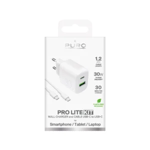 Puro PROLITE 30W USB-A / USB-C wall charger + USB-C - USB-C cable 1.2m - baltos spalvos - Image 2