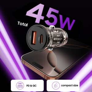 Juodas automobilinis (45W / PD45W / QC3.0) 1x-USB-A + 1x-USB-C pakrovėjas "Tech-Protect CC01 2-Port" - Image 4