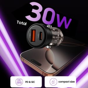Juodas automobilinis (30W / PD30W / QC3.0) 1x-USB-A + 1x-USB-C pakrovėjas "Tech-Protect CC03 2-Port" - Image 4