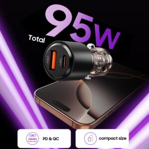 Juodas automobilinis (95W / PD95W / QC3.0) 1x-USB-A + 1x-USB-C pakrovėjas "Tech-Protect CC03 2-Port" - Image 4