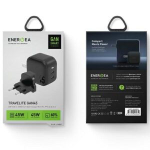 ENERGEA laidinis įkroviklis 2xUSB-C PD-PPS 45W2C juodos spalvos US+EU Travelite GAN45 - Image 5