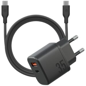 Laidinis įkroviklis Bazic Goport Velox Kit 1xUSB-C 1xUSB-A GaN 35W su pintu kabeliu juodos spalvos