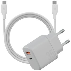 Laidinis įkroviklis Bazic Goport Velox Kit 1xUSB-C 1xUSB-A GaN 35W su pintu kabeliu baltos spalvos