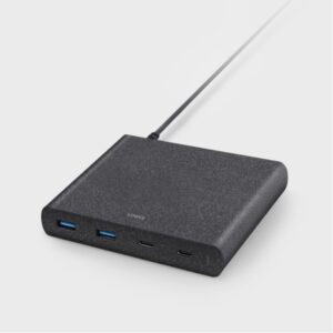 UNIQ laidinis įkroviklis HUB Surge 90W juodos spalvos 2xUSB Quick Charge 3.0 + 2xUSB-C PD 3.0 (LITHOS Collective)