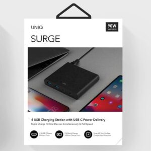 UNIQ laidinis įkroviklis HUB Surge 90W juodos spalvos 2xUSB Quick Charge 3.0 + 2xUSB-C PD 3.0 (LITHOS Collective) - Image 6