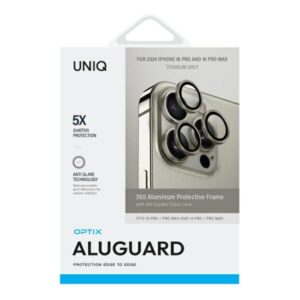 UNIQ Optix Aluminium kameros lešio apsauga skirta Apple iPhone 16 Pro 6.3" / 16 Pro Max 6.9" titanium grey su aplikatoriumi - Image 2