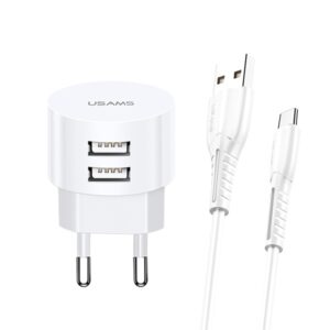 USAMS laidinis įkroviklis 2xUSB T20 2,1A USB-C baltos spalvos round Fast Charging XTXLOGT18TC05