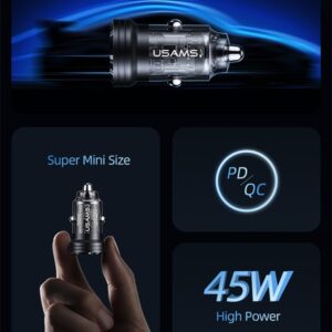 USAMS automobilinis įkroviklis C35 USB+USB-C 45W Fast Charge juodos spalvos CC175CC01 (US-CC175) - Image 3