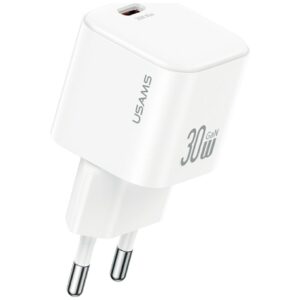 Laidinis įkroviklis USAMS JO Series CC262 30W USB-C + 1m USB-C/Lightning kabelis baltos spalvos