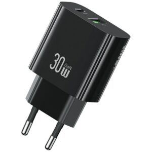 Laidinis įkroviklis USAMS CC316 T65 30W 1xUSB-C 1xUSB-A Fast Charging juodos spalvos