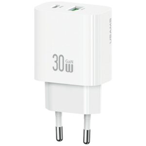 Laidinis įkroviklis USAMS CC316 T65 30W 1xUSB-C 1xUSB-A Fast Charging baltos spalvos