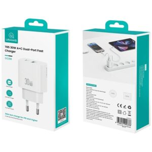 Laidinis įkroviklis USAMS CC316 T65 30W 1xUSB-C 1xUSB-A Fast Charging baltos spalvos - Image 2