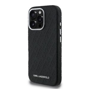 Karl Lagerfeld Grained PU Repeated Logo MagSafe dėklas skirtas Apple iPhone 16 Pro juodos spalvos