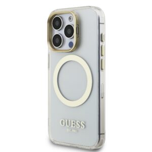 Guess IML Gold Outline Stand Camera Frame MagSafe dėklas skirtas Apple iPhone 15 Pro skaidrus