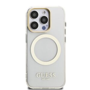 Guess IML Gold Outline Stand Camera Frame MagSafe dėklas skirtas Apple iPhone 15 Pro skaidrus - Image 2