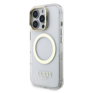 Guess IML Gold Outline Stand Camera Frame MagSafe dėklas skirtas Apple iPhone 16 Pro Max skaidrus