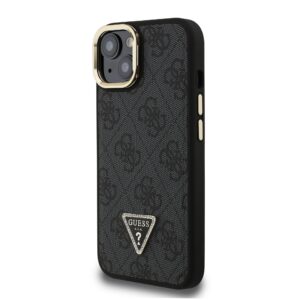 Guess PU 4G Strass Triangle Logo Stand Camera Frame MagSafe dėklas skirtas Apple iPhone 15 juodos spalvos - Image 1