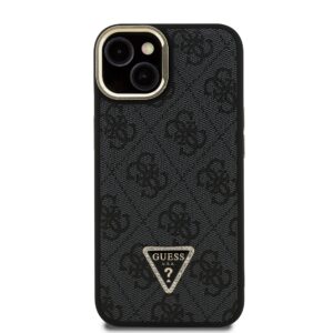Guess PU 4G Strass Triangle Logo Stand Camera Frame MagSafe dėklas skirtas Apple iPhone 15 juodos spalvos - Image 2