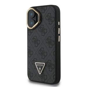 Guess PU 4G Strass Triangle Logo Stand Camera Frame MagSafe dėklas skirtas Apple iPhone 16 juodos spalvos