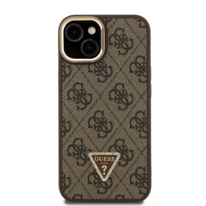 Guess PU 4G Strass Triangle Logo Stand Camera Frame MagSafe dėklas skirtas Apple iPhone 13 rudos spalvos - Image 2