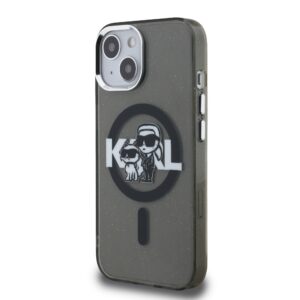 Karl Lagerfeld IML Glitter Karl and Choupette Sketch MagSafe dėklas Apple iPhone 15 juodos spalvos