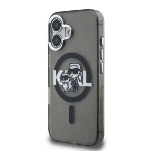 Karl Lagerfeld IML Glitter Karl and Choupette Sketch MagSafe dėklas Apple iPhone 16 juodos spalvos