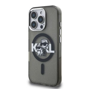 Karl Lagerfeld IML Glitter Karl and Choupette Sketch MagSafe dėklas Apple iPhone 16 Pro juodos spalvos