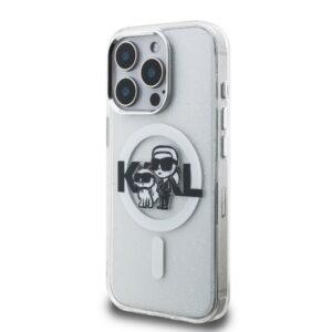 Karl Lagerfeld IML Glitter Karl and Choupette Sketch MagSafe dėklas Apple iPhone 15 Pro skaidrus