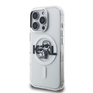Karl Lagerfeld IML Glitter Karl and Choupette Sketch MagSafe dėklas Apple iPhone 16 Pro skaidrus