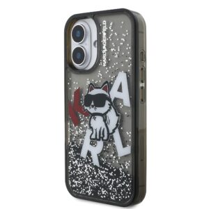 Karl Lagerfeld Liquid Glitter Scattered Choupette dėklas Apple iPhone 16 juodos spalvos