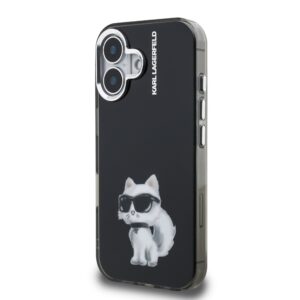 Karl Lagerfeld IML Aquarelle Choupette dėklas Apple iPhone 16 juodos spalvos