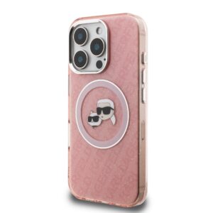 Karl Lagerfeld IML K&CH Heads Repeated Logo MagSafe dėklas Apple iPhone 16 Pro rožinės spalvos