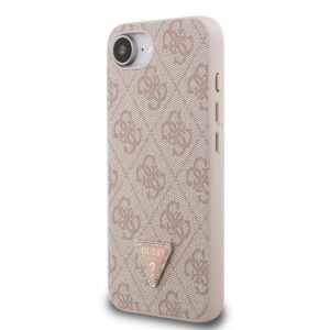 Guess PU 4G Strass Triangle Metal Logo dėklas Apple iPhone 16e rožinės spalvos