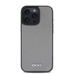 DKNY PU Leather Silver Metal Logo Magsafe dėklas skirtas Apple iPhone 16 Pro Max pilkos spalvos - Image 1