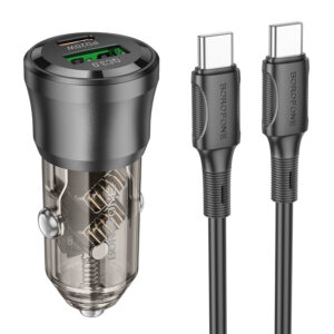 Borofone automobilinis įkroviklis BZ25 Journey - USB + Typ C - PD 38W 3A su kabeliu Typ C į Typ C juodos spalvos - Image 1