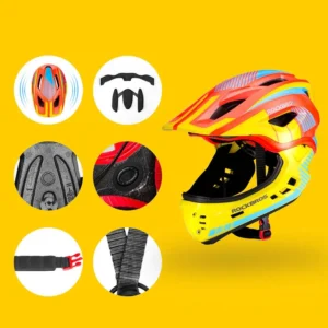 Rockbros TT-32SOYB-S vaikiškas dviratininko šalmas su nuimamu smakro lankeliu, dydis S - geltonos ir oranžinės spalvos - Image 4