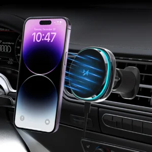 Wozinsky WCT5-Q6S2Y automobilinis telefono laikiklis su Qi/MagSafe 15W Inductive Charger for Ventilation Grill with Fan - juodos spalvos - Image 4