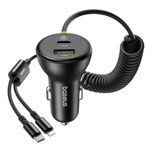 Baseus Circular 60W USB-A + USB-C automobilinis įkroviklis su Built-in Lightning + USB-C Kabelis 1.4m - juodos spalvos - Image 4