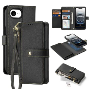 Dux Ducis Lawa Apple iPhone 16e Leather dėklas su Detachable Magnetic Wallet - juodos spalvos