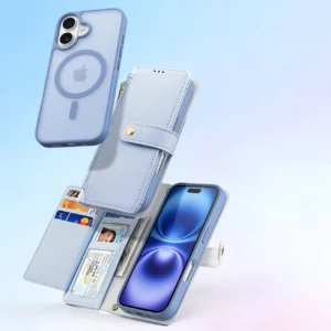 Dux Ducis Lawa Apple iPhone 16 Leather dėklas su Detachable Magnetic Wallet - mėlynos spalvos - Image 4