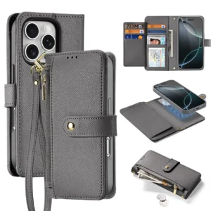 Dux Ducis Lawa Leather dėklas skirtas Apple iPhone 16 Pro Max su Detachable Magnetic Wallet - pilkos spalvos
