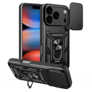Dėklas Hybrid Armor Camshield skirtas Apple iPhone 17 Pro Max šarvuotas su stoveliu ir kameros apsauga - juodos spalvos
