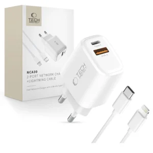 Tech-Protect NCA30 PD 30W QC3.0 USB-A / USB-C laidinis įkroviklis + USB-C / Lightning Kabelis 100cm - baltos spalvos