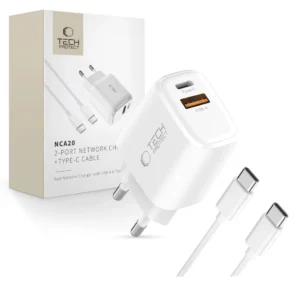 Tech-Protect NCA20 PD 20W QC3.0 USB-A / USB-C laidinis įkroviklis + USB-C / USB-C Kabelis 100cm - baltos spalvos